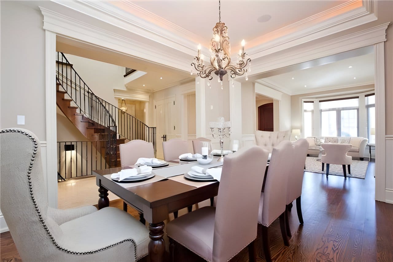 luxury living room with pendant chandelier